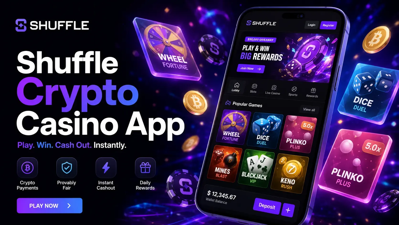 Shuffle Casino en versión móvil mostrando juegos populares en un celular