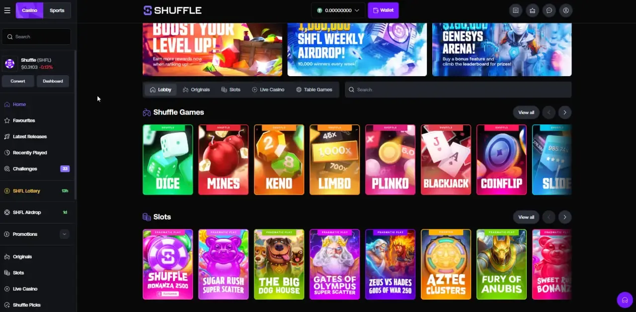 Lobby de Shuffle Casino con juegos originales y slots