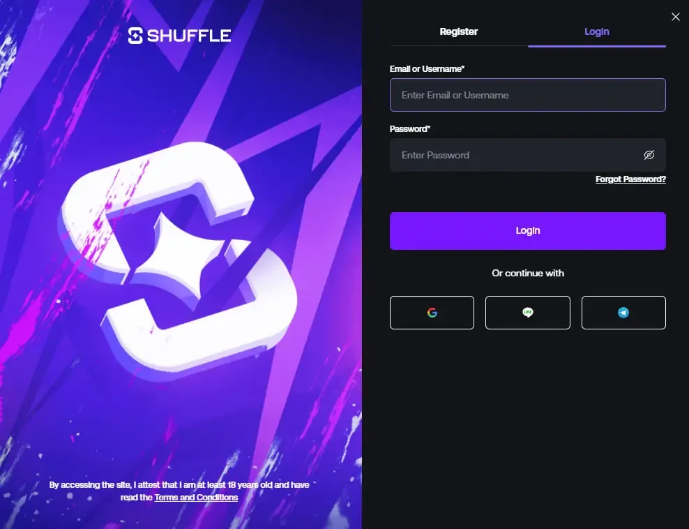 Pantalla de acceso de Shuffle con campos de correo y contraseña