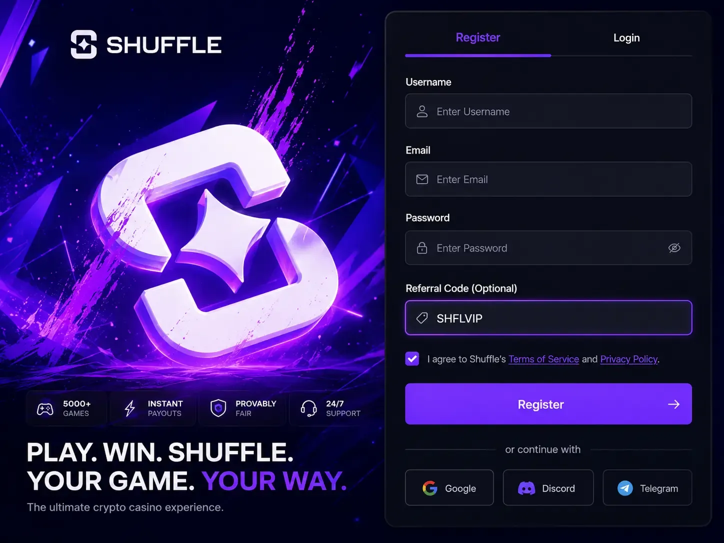 Formulario de registro de Shuffle con el código SHFLVIP escrito en el campo Referral Code